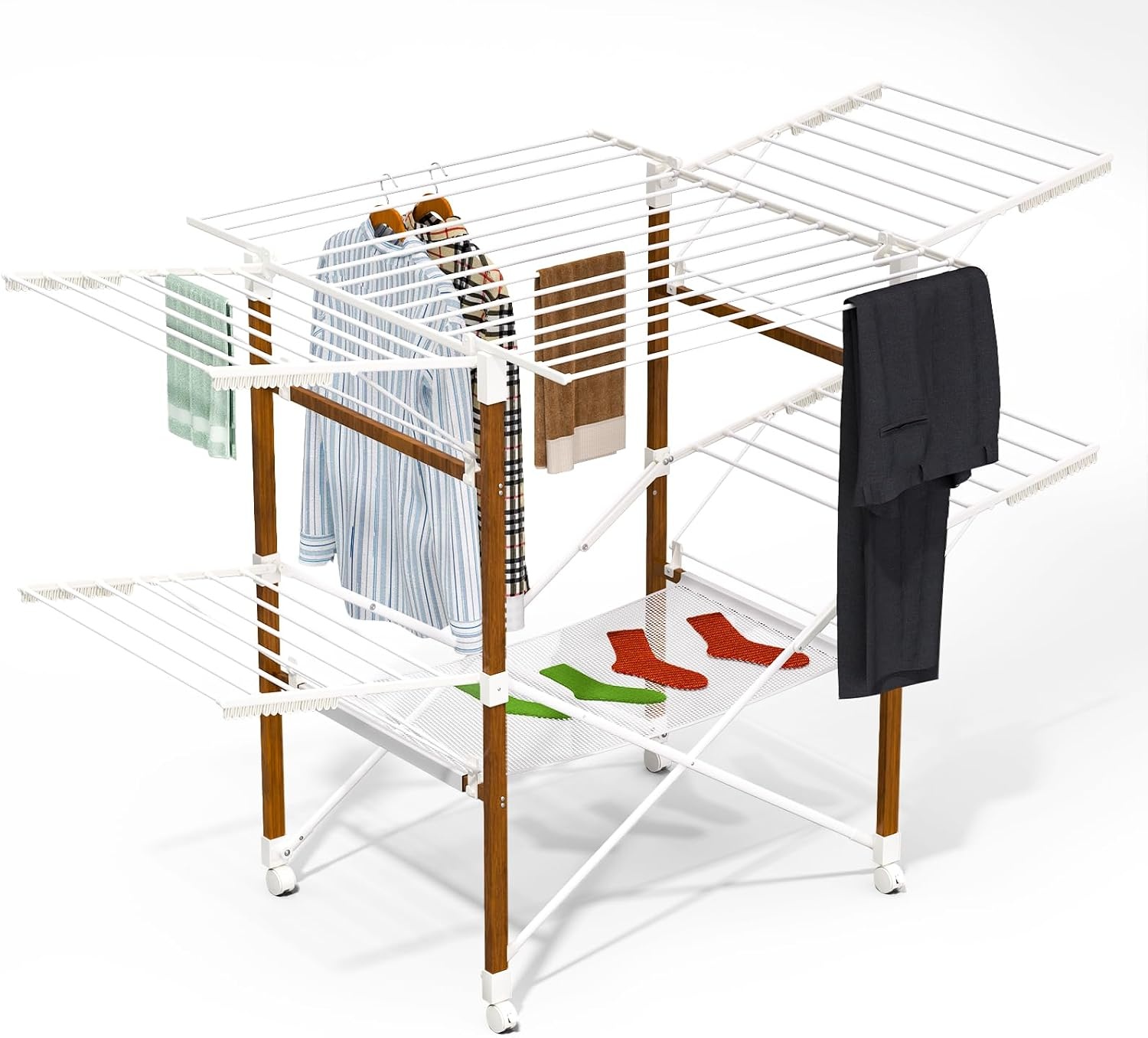 vounot Droogrek, grote capaciteit, 173 x 94 x 123 cm, uittrekbaar, opvouwbaar, met wielen en net, multifunctioneel, houtimitatie, voor binnen en buiten, wit
