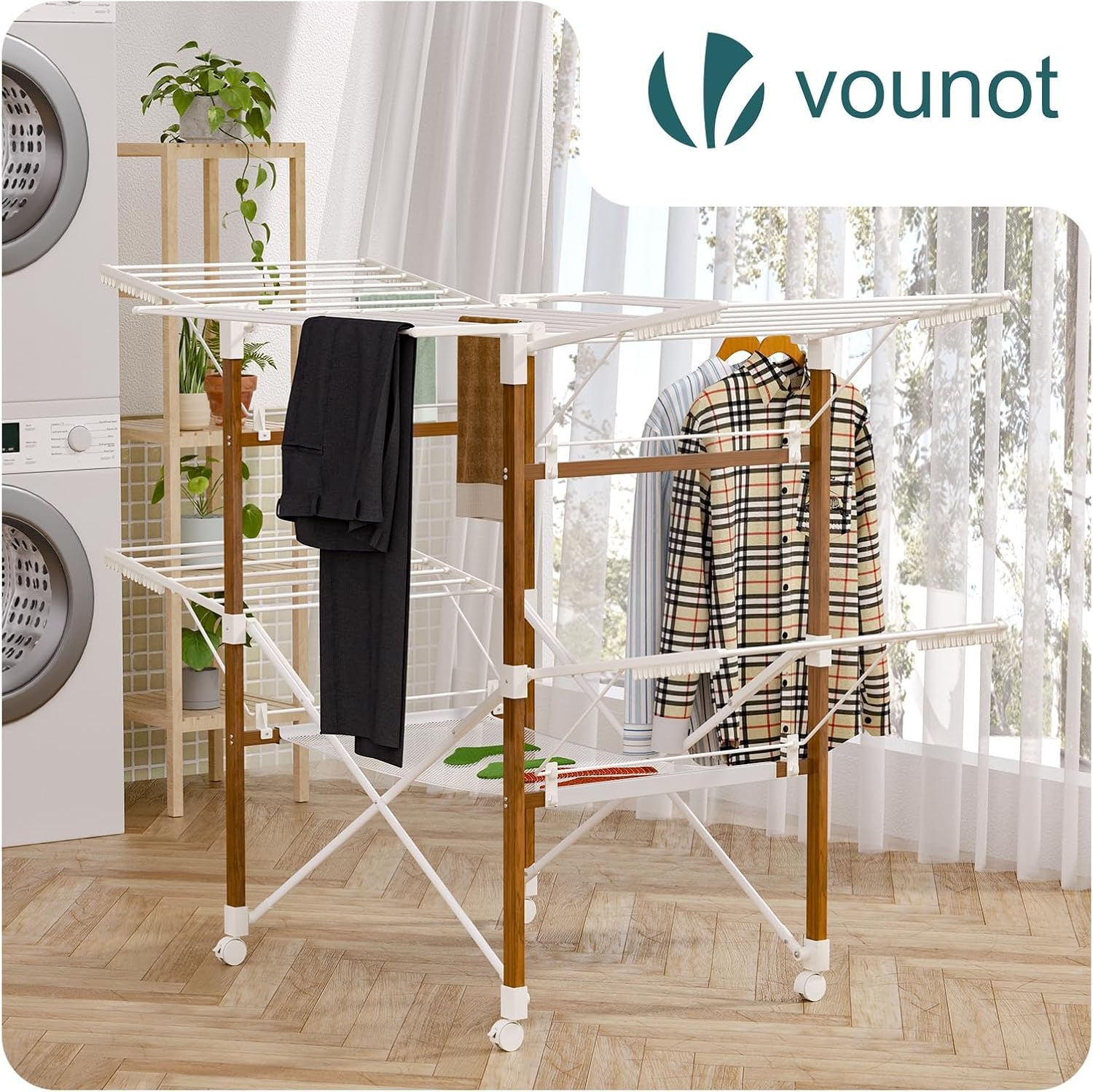 vounot Droogrek, grote capaciteit, 173 x 94 x 123 cm, uittrekbaar, opvouwbaar, met wielen en net, multifunctioneel, houtimitatie, voor binnen en buiten, wit
