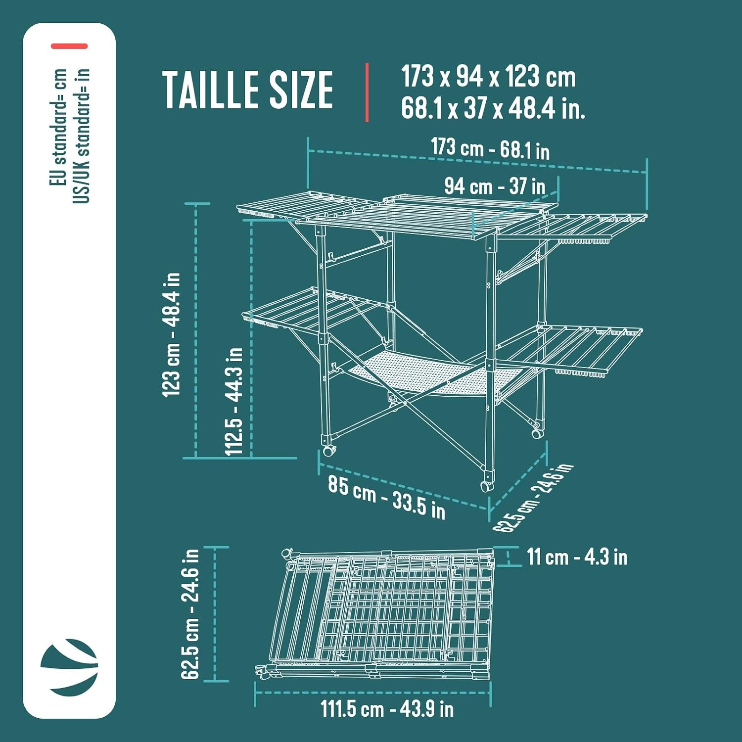 vounot Droogrek, grote capaciteit, 173 x 94 x 123 cm, uittrekbaar, opvouwbaar, met wielen en net, multifunctioneel, houtimitatie, voor binnen en buiten, wit
