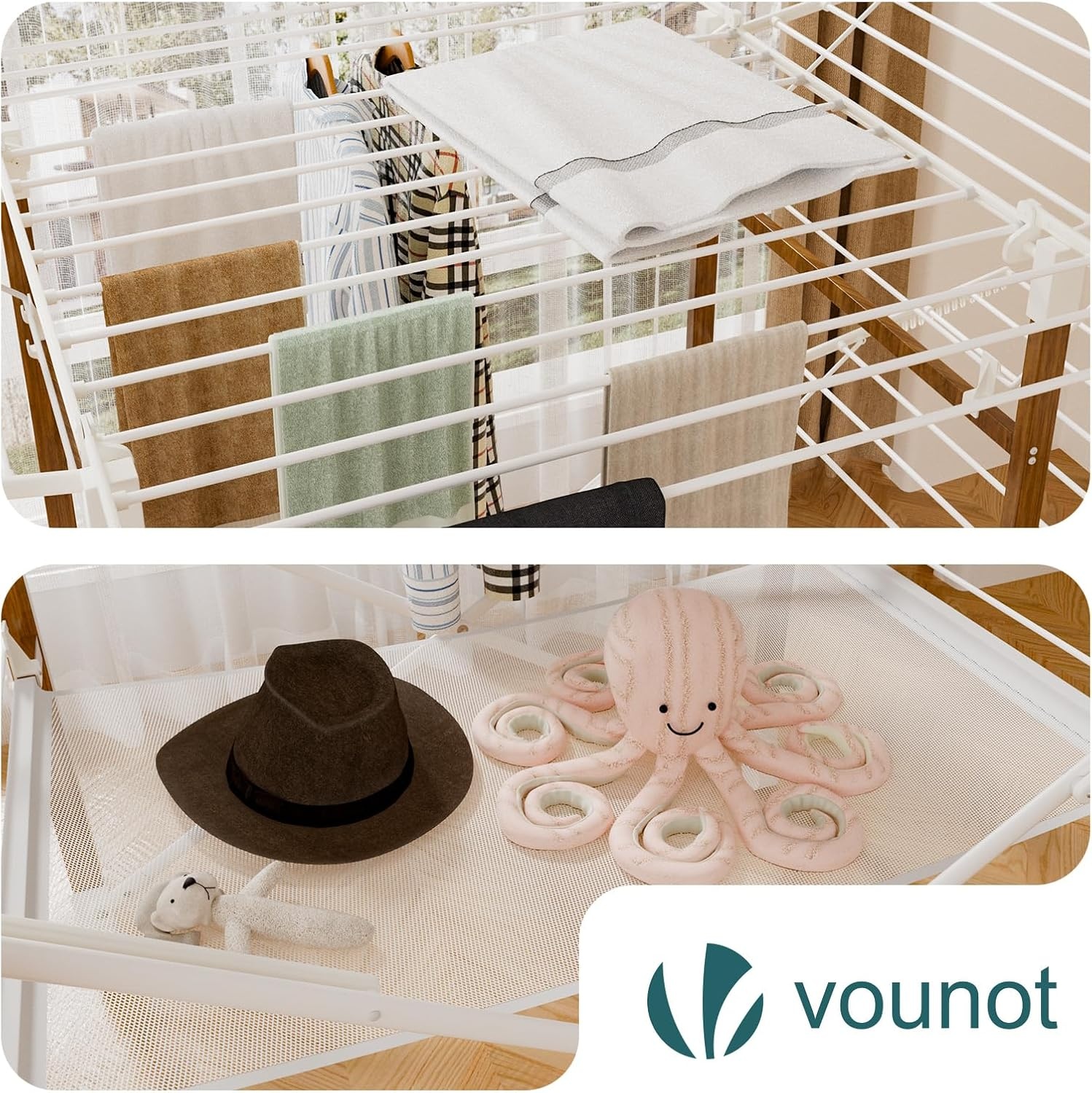 vounot Droogrek, grote capaciteit, 173 x 94 x 123 cm, uittrekbaar, opvouwbaar, met wielen en net, multifunctioneel, houtimitatie, voor binnen en buiten, wit