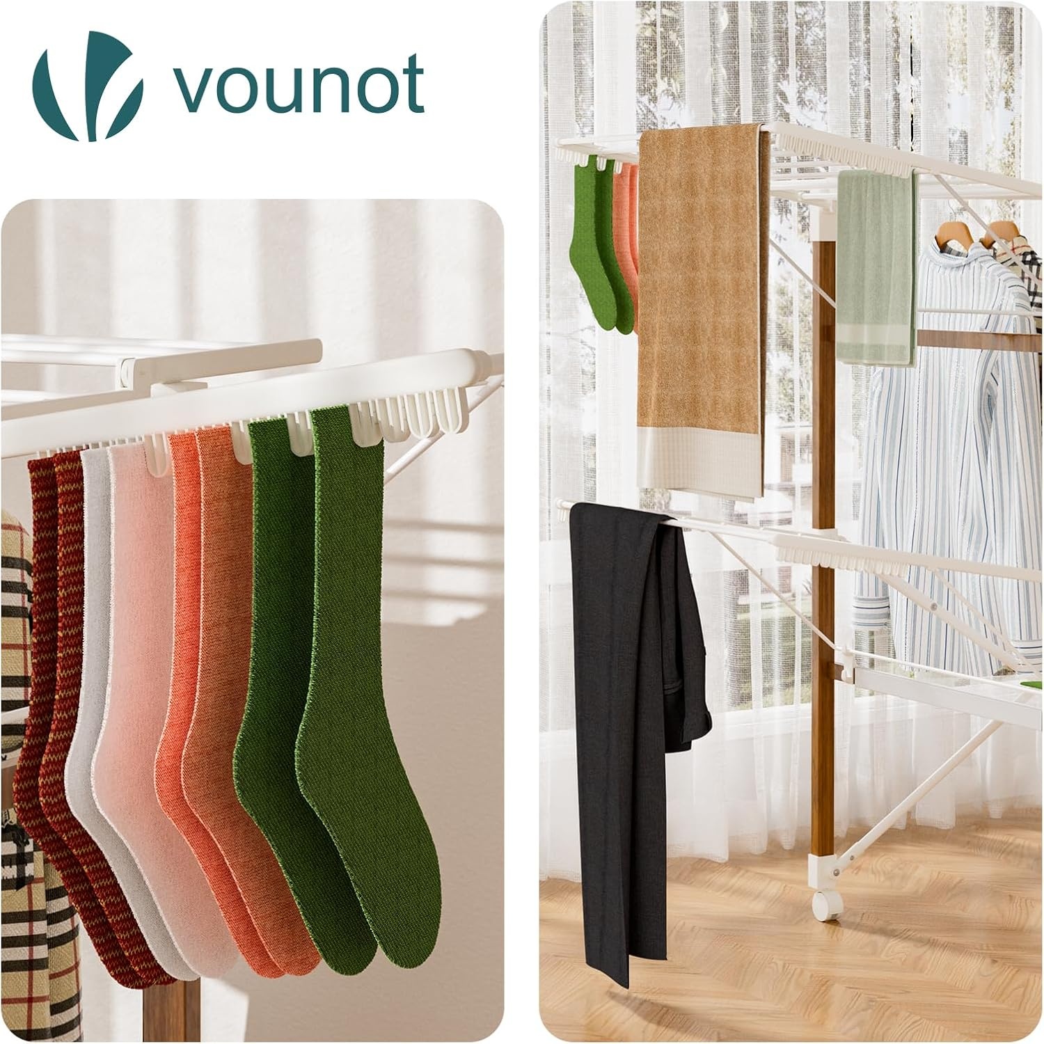 vounot Droogrek, grote capaciteit, 173 x 94 x 123 cm, uittrekbaar, opvouwbaar, met wielen en net, multifunctioneel, houtimitatie, voor binnen en buiten, wit