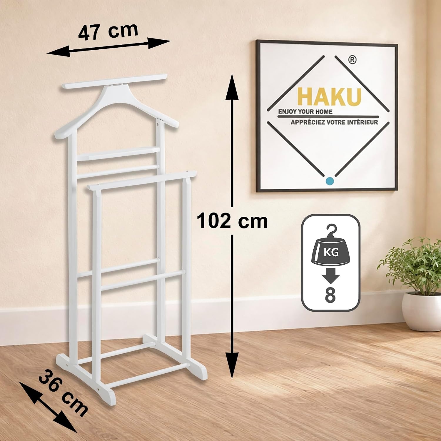 HAKU Dressboy Kledingstandaard - Wit - Massief Hout - 47 x 102 x 36 cm