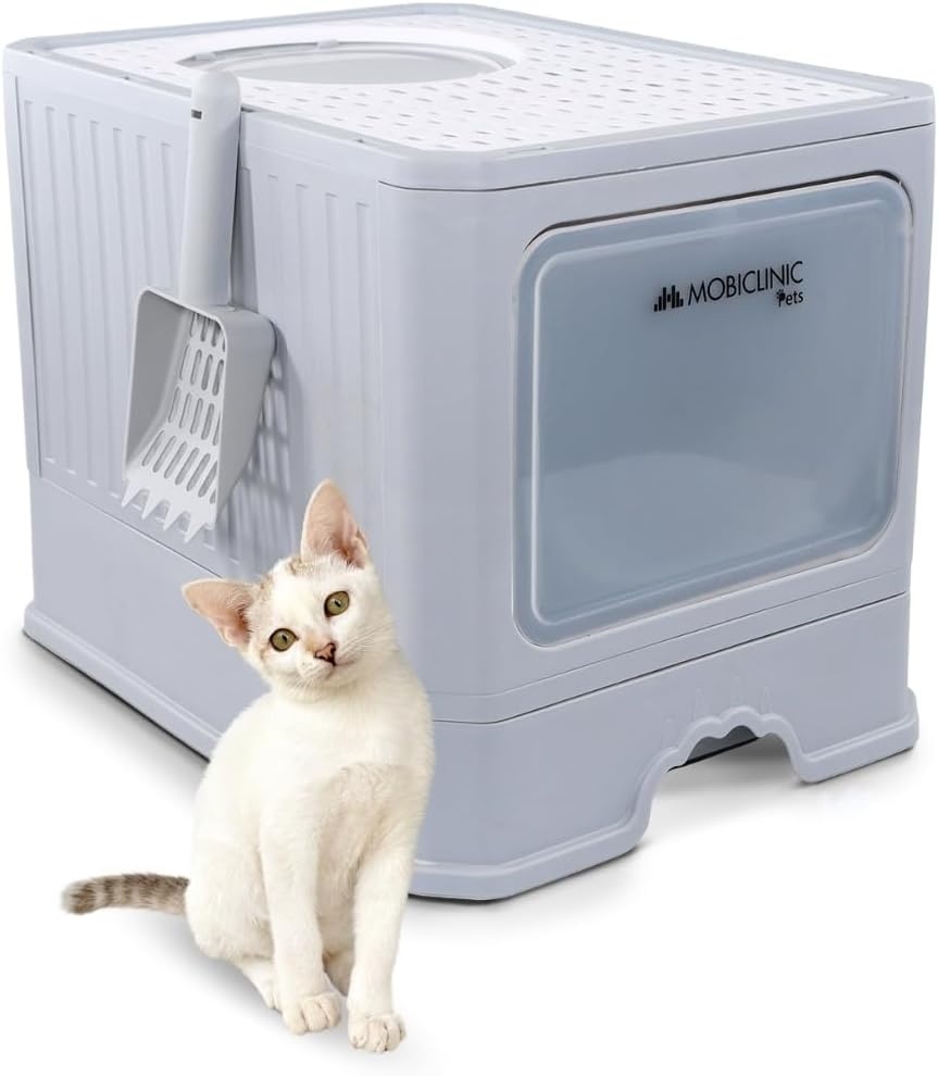 Mobiclinic® pets, Overdekte kattenbak, Uitschuifbare lade, Inclusief schepl, Catbox, Dubbele voor- boveningang met deksel, Bovenrooster, Elegant uiterlijk, Demonteerbare structuur