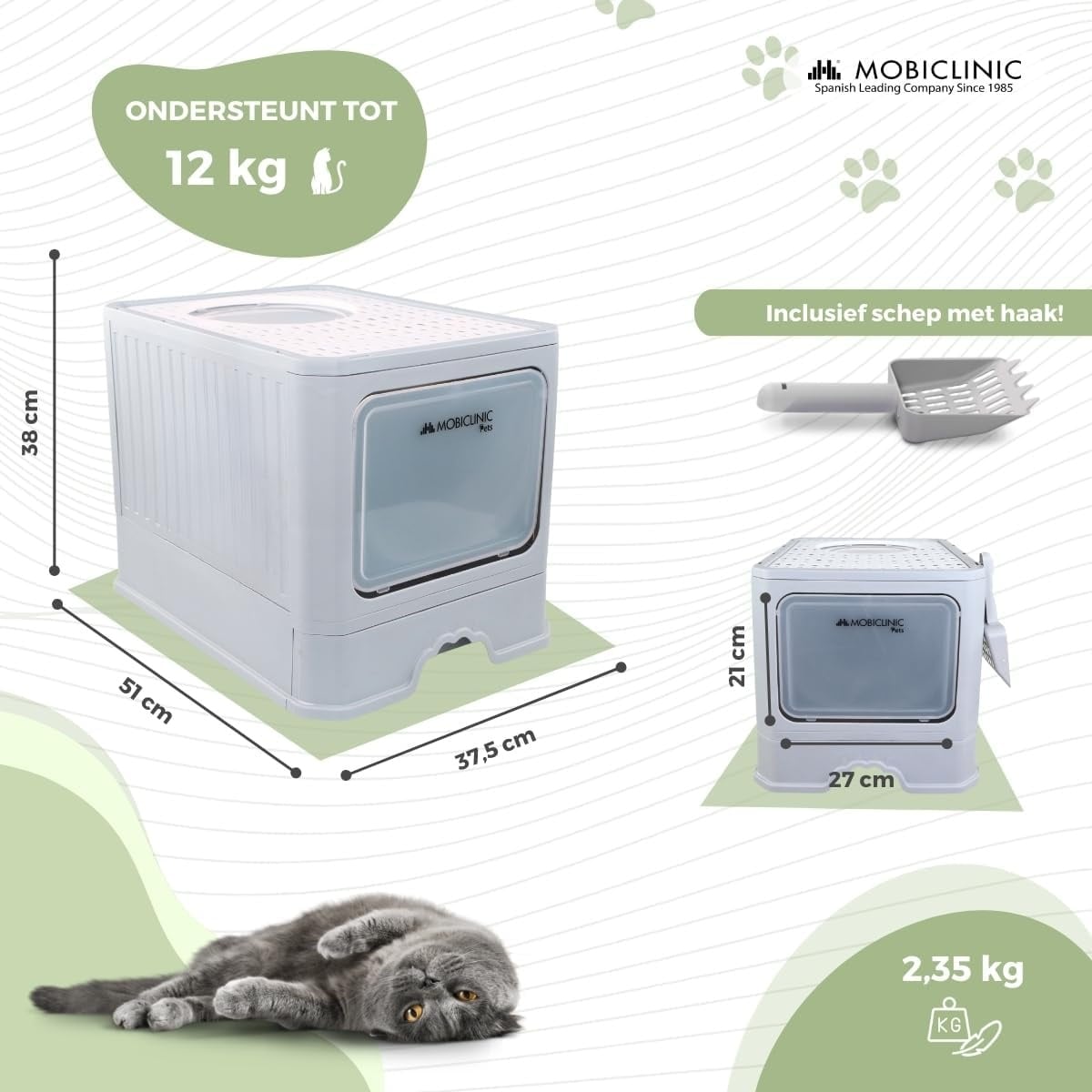 Mobiclinic® pets, Overdekte kattenbak, Uitschuifbare lade, Inclusief schepl, Catbox, Dubbele voor- boveningang met deksel, Bovenrooster, Elegant uiterlijk, Demonteerbare structuur