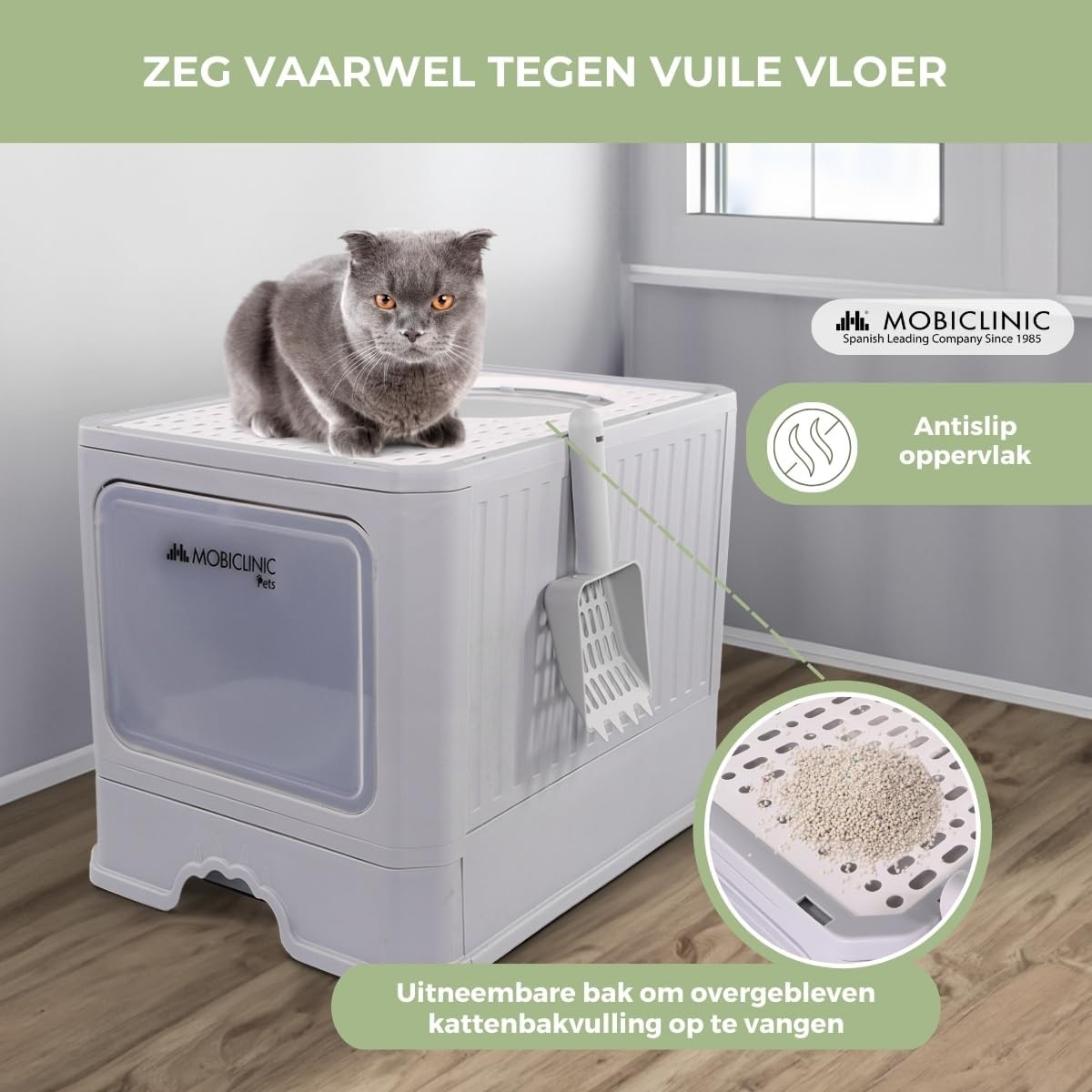 Mobiclinic® pets, Overdekte kattenbak, Uitschuifbare lade, Inclusief schepl, Catbox, Dubbele voor- boveningang met deksel, Bovenrooster, Elegant uiterlijk, Demonteerbare structuur