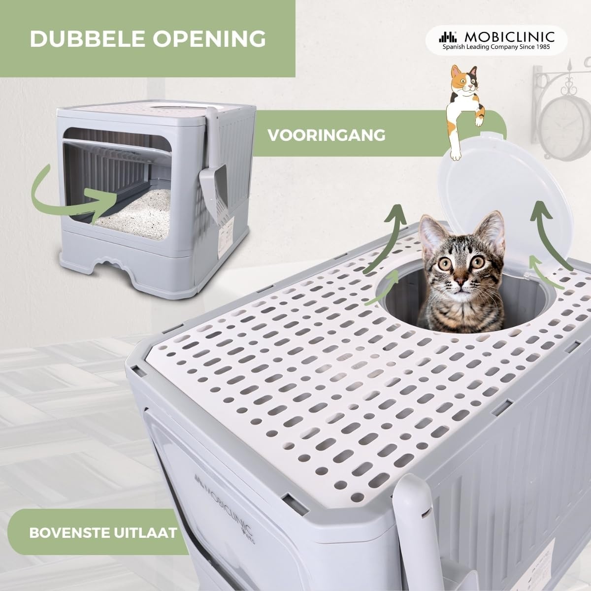 Mobiclinic® pets, Overdekte kattenbak, Uitschuifbare lade, Inclusief schepl, Catbox, Dubbele voor- boveningang met deksel, Bovenrooster, Elegant uiterlijk, Demonteerbare structuur