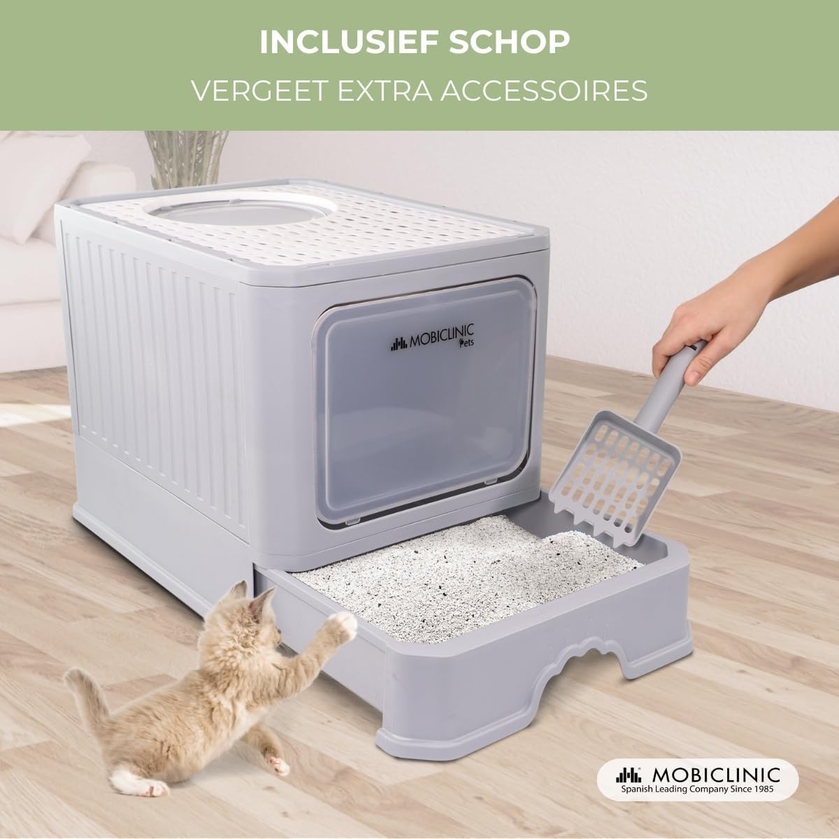 Mobiclinic® pets, Overdekte kattenbak, Uitschuifbare lade, Inclusief schepl, Catbox, Dubbele voor- boveningang met deksel, Bovenrooster, Elegant uiterlijk, Demonteerbare structuur