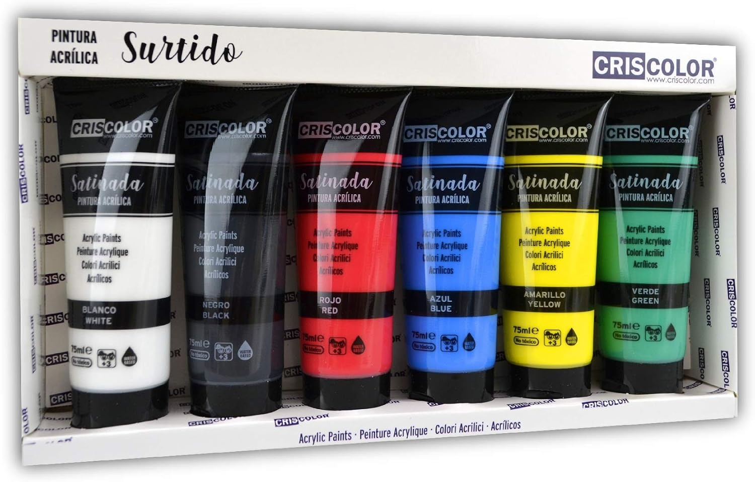 Criscolor 8435621413236 Acrylverfset, 6 kleuren, voor canvas en knutselwerk, gesorteerd, 75 ml (6 stuks)