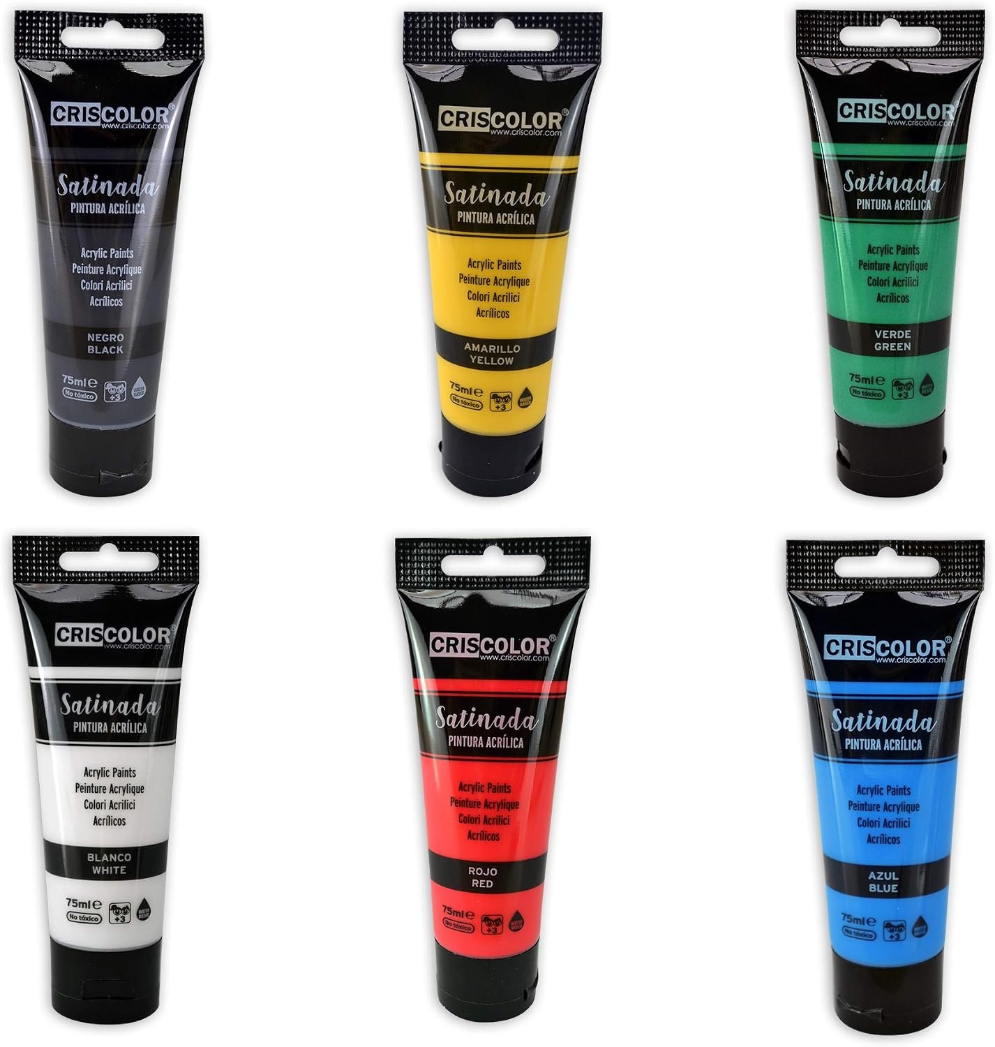Criscolor 8435621413236 Acrylverfset, 6 kleuren, voor canvas en knutselwerk, gesorteerd, 75 ml (6 stuks)