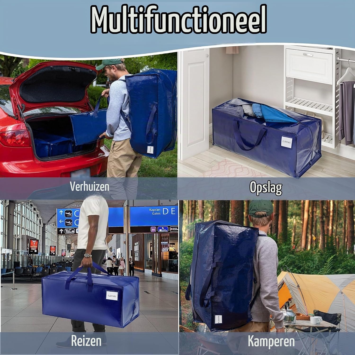 VENO 4-pack verhuiszakken Heavy-Duty extra groot met rugzakriemen, benodigdheden voor verhuizing, sterke handgrepen en ritssluitingen, kledingopslag, verpakking, waszakken, herbruikbaar en duurzaam