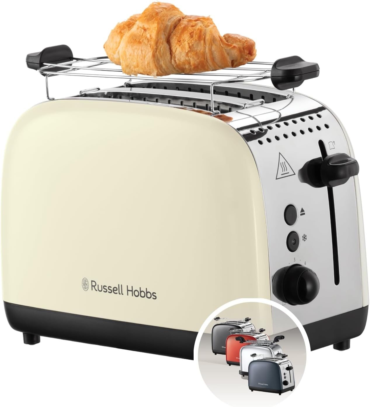 Russell Hobbs Broodrooster [Twee snedes] Colours Plus RVS Crème (Extra Brede Broodsleuven, incl. Opwarmrekje, 6 Bruiningsinstellingen + Ontdooi Functie, Lift & Look, 1600 Watt) 26551-56
