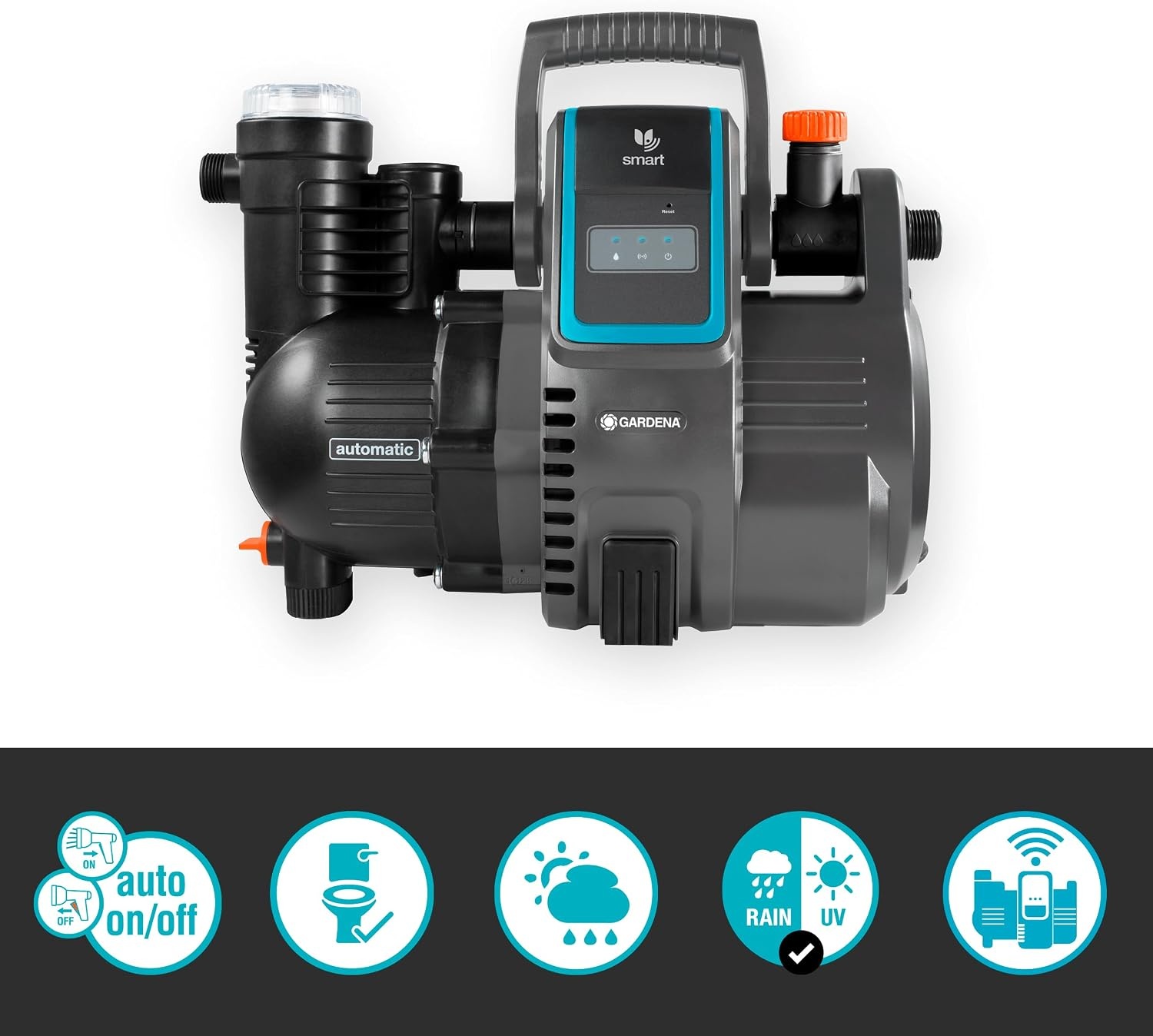 Gardena smart Pressure Pump: waterautomaat bestuurbaar via app/tablet, toevoercapaciteit 5000 l/u, onderhoudsvrij, geïntegreerd voorfilter, max. aanzuighoogte 8 m, droogloopzekering (19080-20).