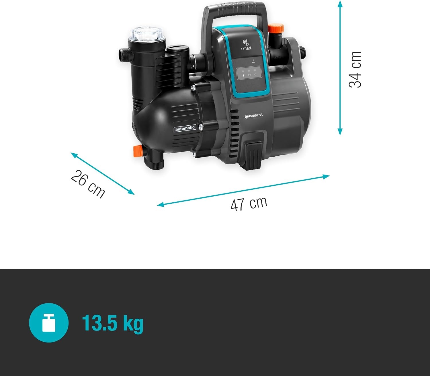 Gardena smart Pressure Pump: waterautomaat bestuurbaar via app/tablet, toevoercapaciteit 5000 l/u, onderhoudsvrij, geïntegreerd voorfilter, max. aanzuighoogte 8 m, droogloopzekering (19080-20).