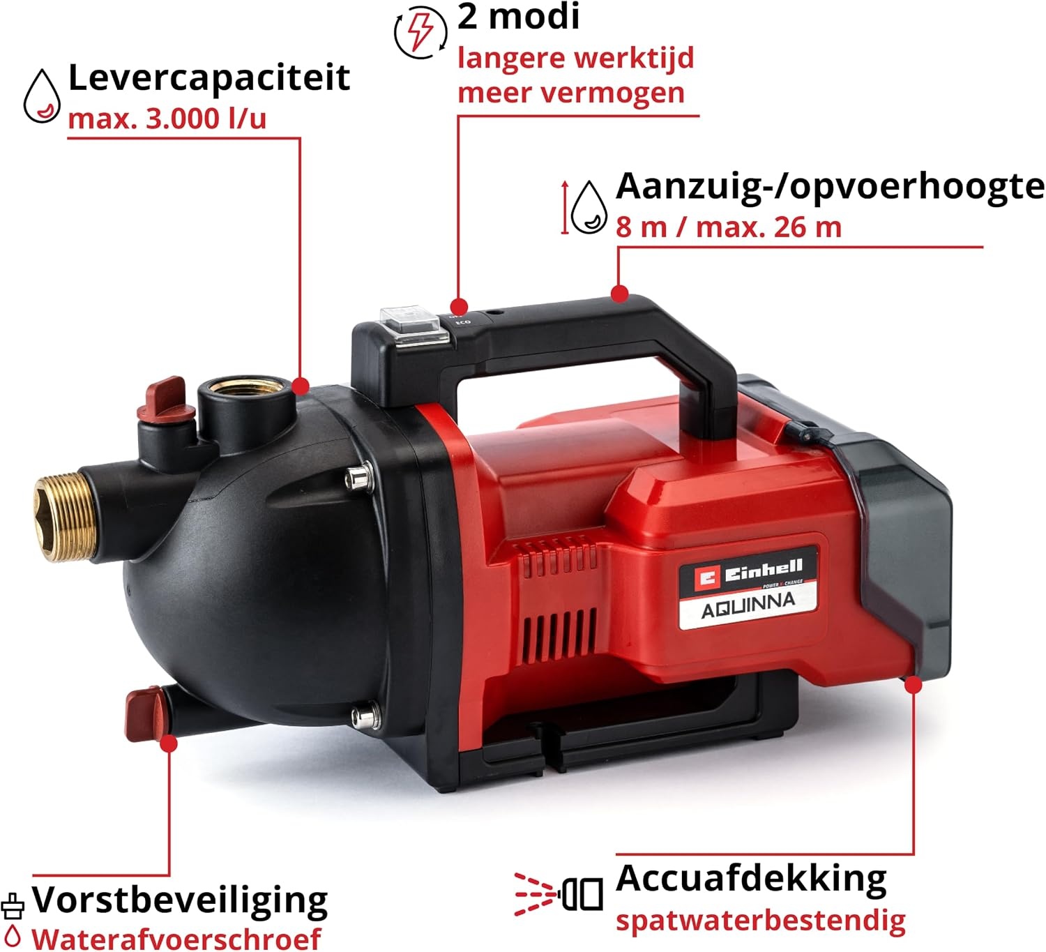 Einhell Accu-Tuinpomp AQUINNA 36/30 Set - Rood/Zwart - Inclusief 4 meter zuigslang