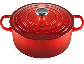LE CREUSET Kenmerkende geëmailleerde gietijzeren ronde braadpan met deksel, 26 cm, 5.3 liter, kersenrood
