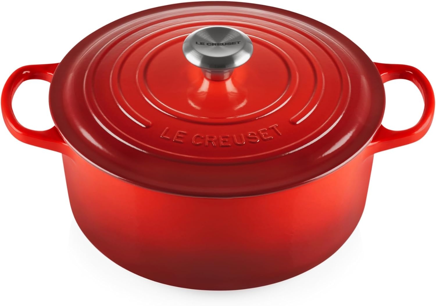 LE CREUSET Kenmerkende geëmailleerde gietijzeren ronde braadpan met deksel, 26 cm, 5.3 liter, kersenrood