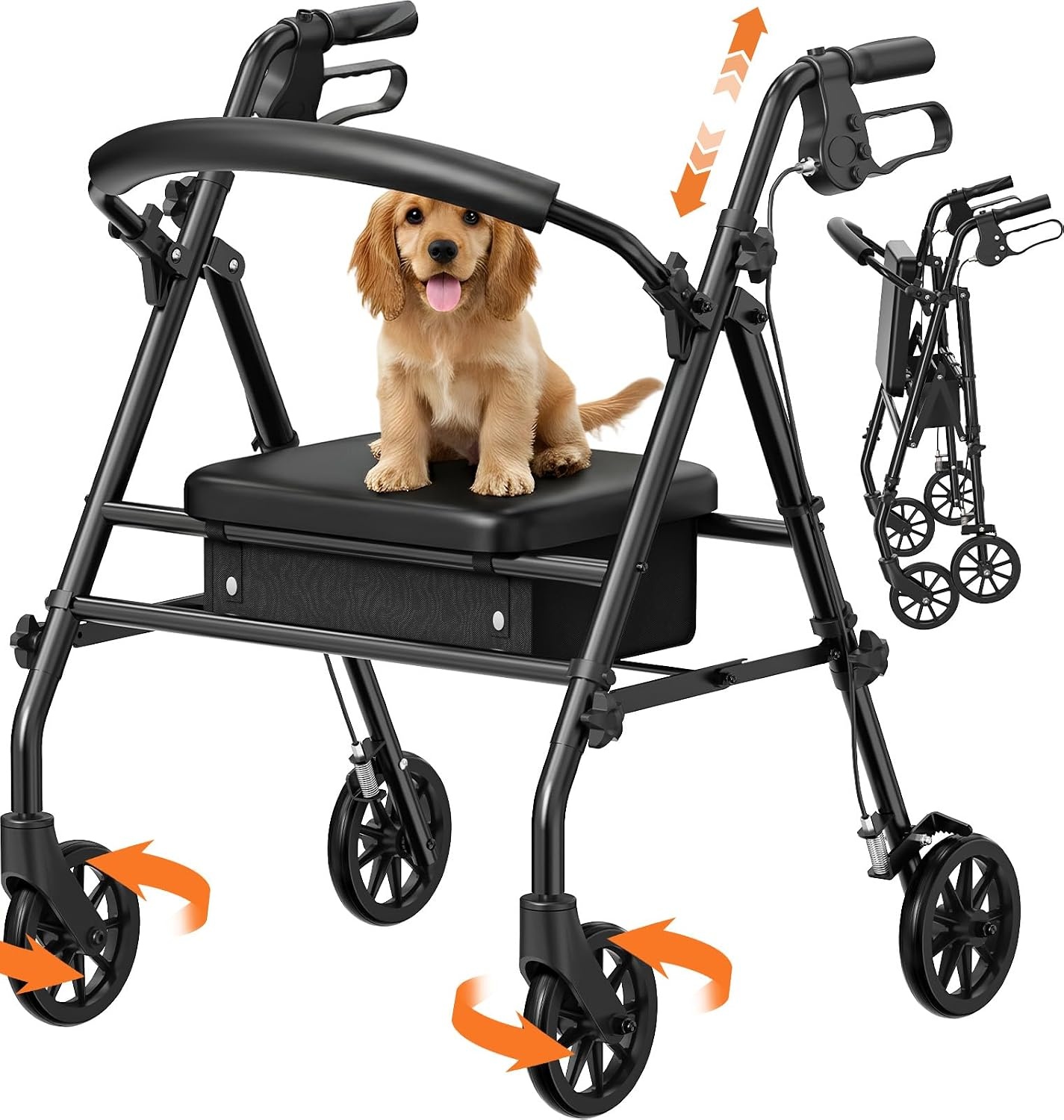 Luckfaith Rollator met Zitje - Opvouwbare Mobiele Wandelaar - Zwart - 158 kg Draagvermogen