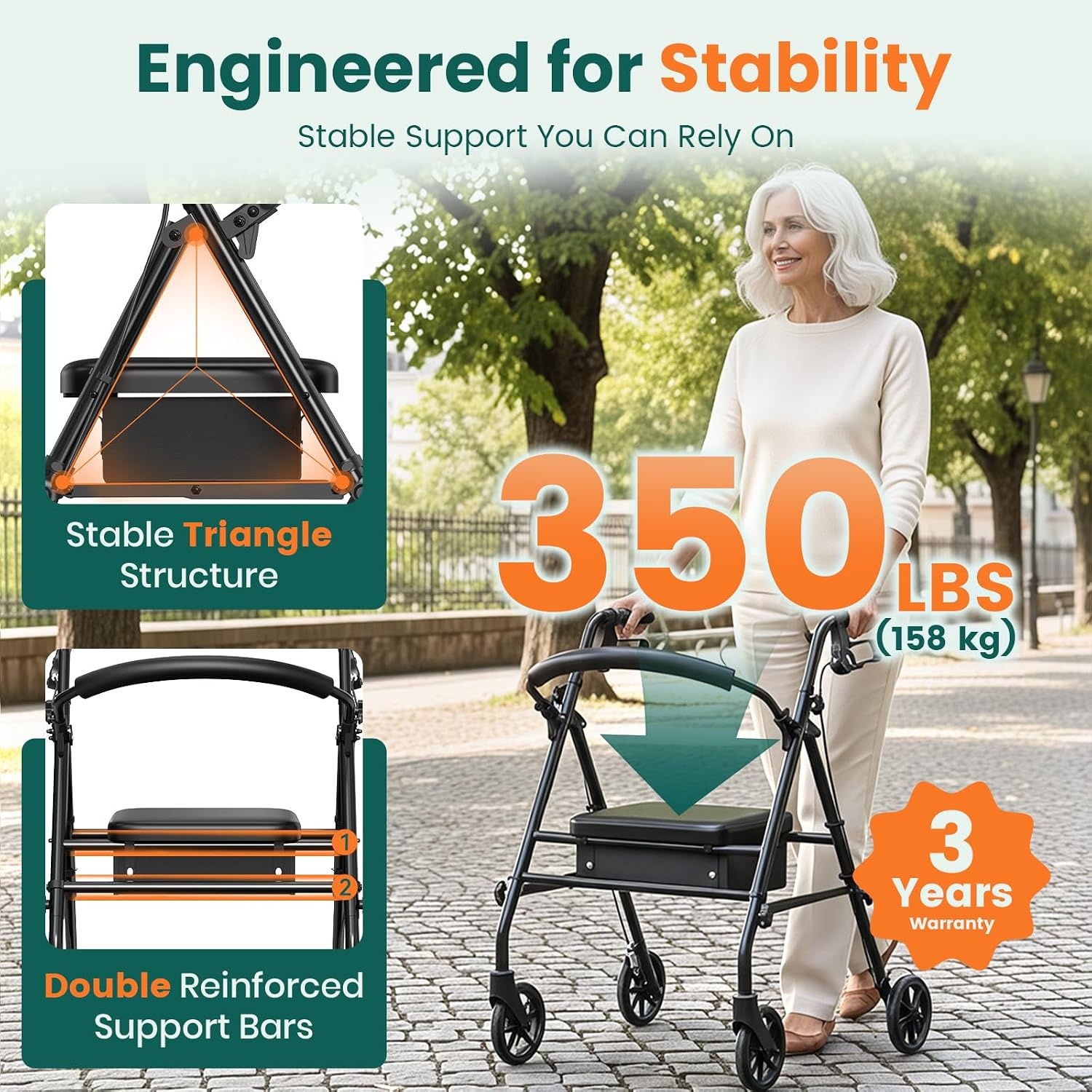 Luckfaith Rollator met Zitje - Opvouwbare Mobiele Wandelaar - Zwart - 158 kg Draagvermogen