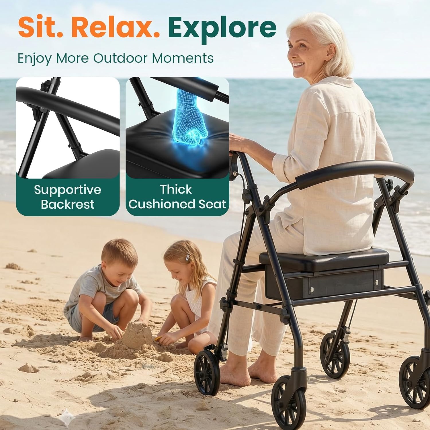 Luckfaith Rollator met Zitje - Opvouwbare Mobiele Wandelaar - Zwart - 158 kg Draagvermogen