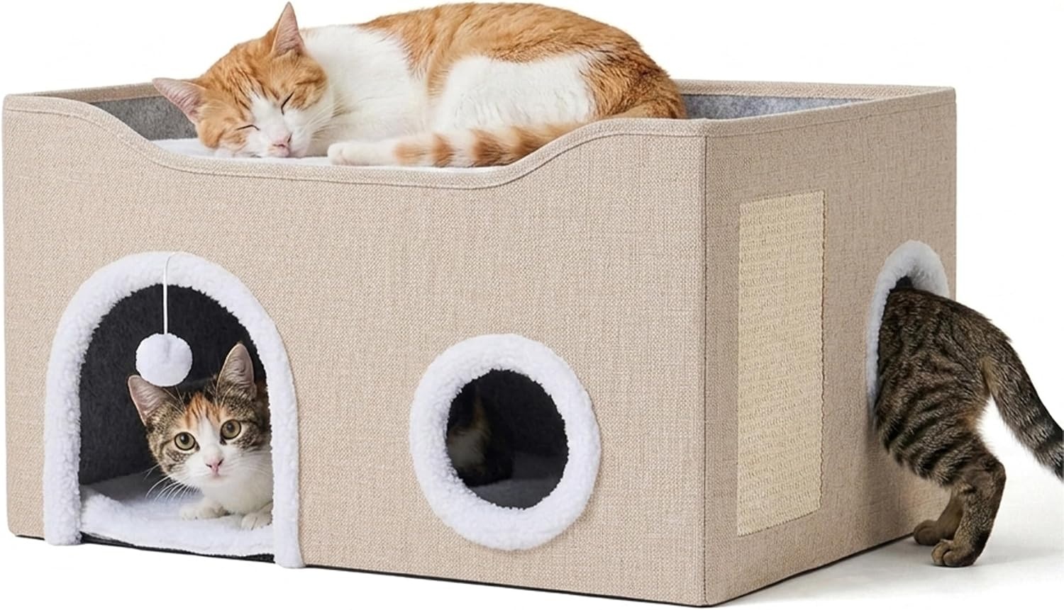 Relaxdays Kattenhol, H x B x D: 34 x 60 x 40 cm, krabpad, beige