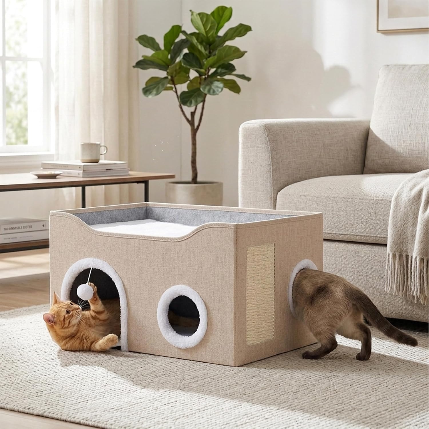 Relaxdays Kattenhol, H x B x D: 34 x 60 x 40 cm, krabpad, beige