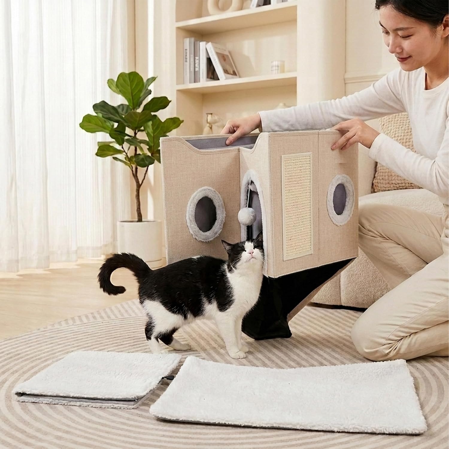 Relaxdays Kattenhol, H x B x D: 34 x 60 x 40 cm, krabpad, beige