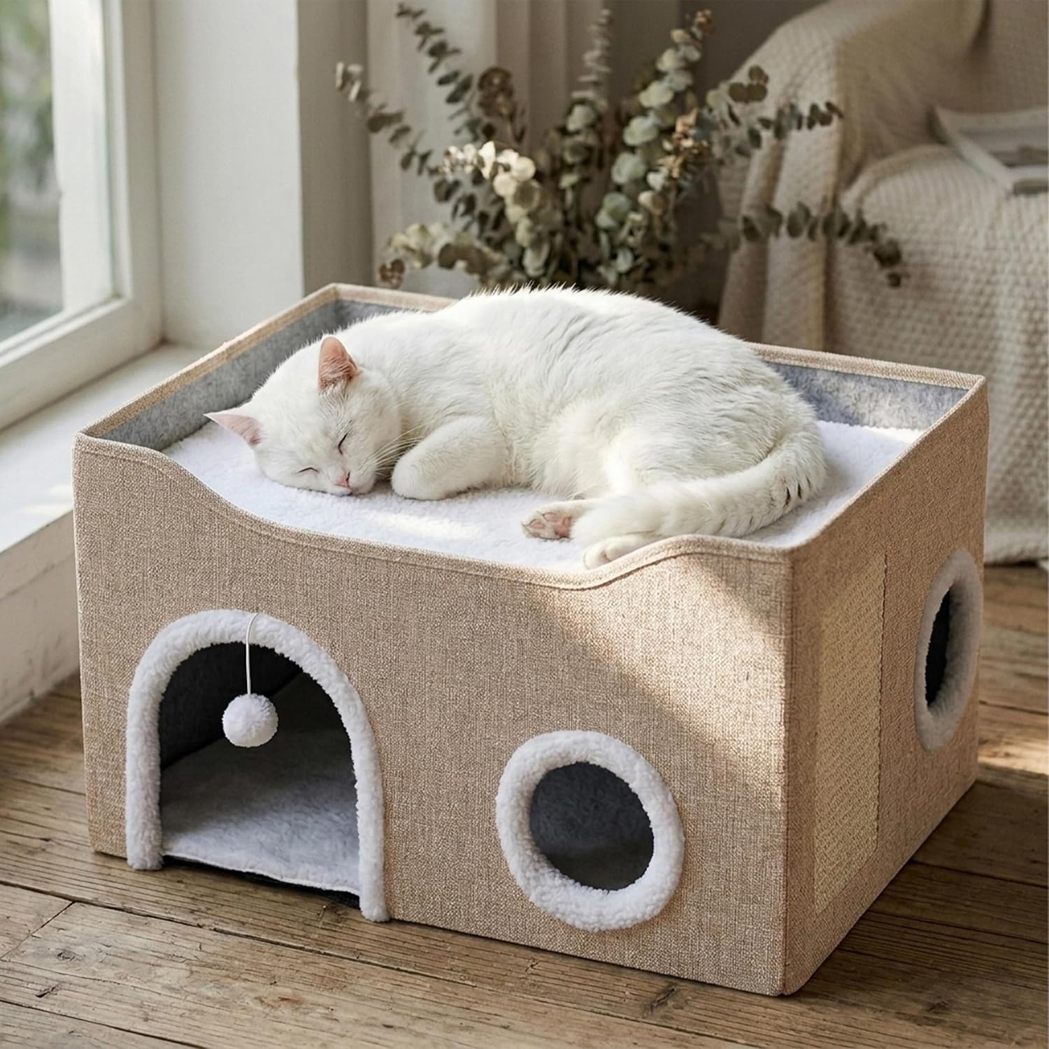 Relaxdays Kattenhol, H x B x D: 34 x 60 x 40 cm, krabpad, beige
