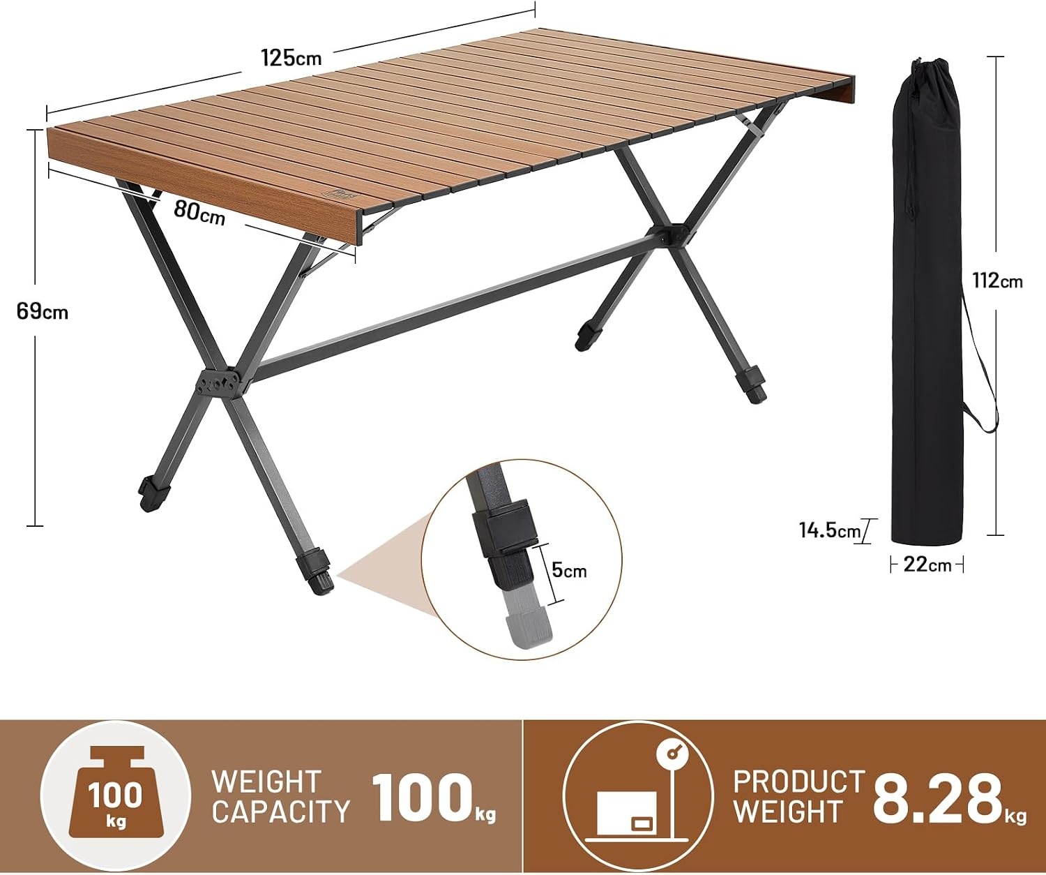 TIMBER RIDGE XXL Campingtafel inklapbaar 125 x 80 cm - Bruin
