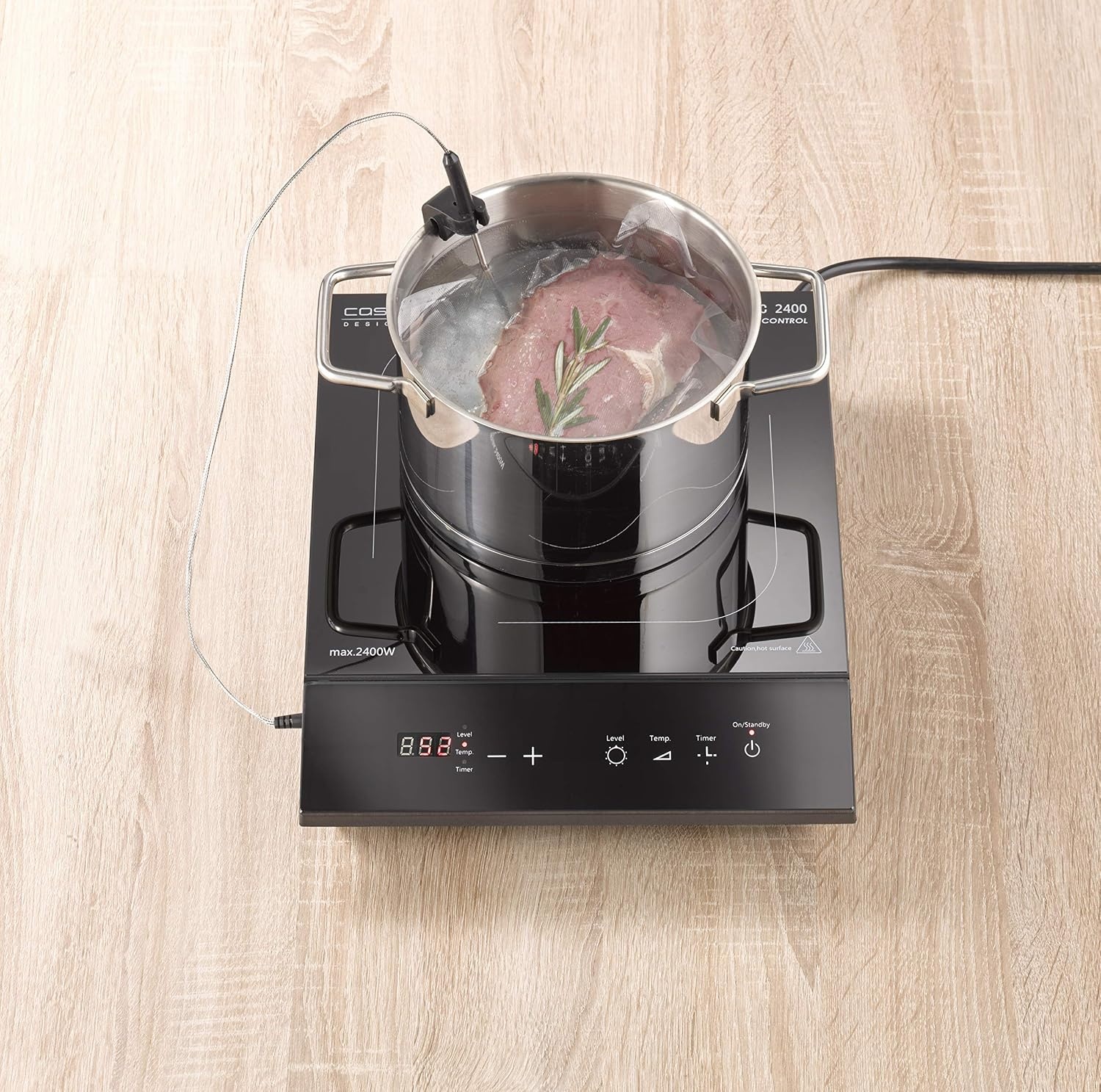 CASO TC2400 Thermo Control enkele inductiekookplaat met thermometer voor nauwkeurig braden en koken, perfect voor SousVide, temperatuurbereik 60-240 °C, timer, 2400 watt