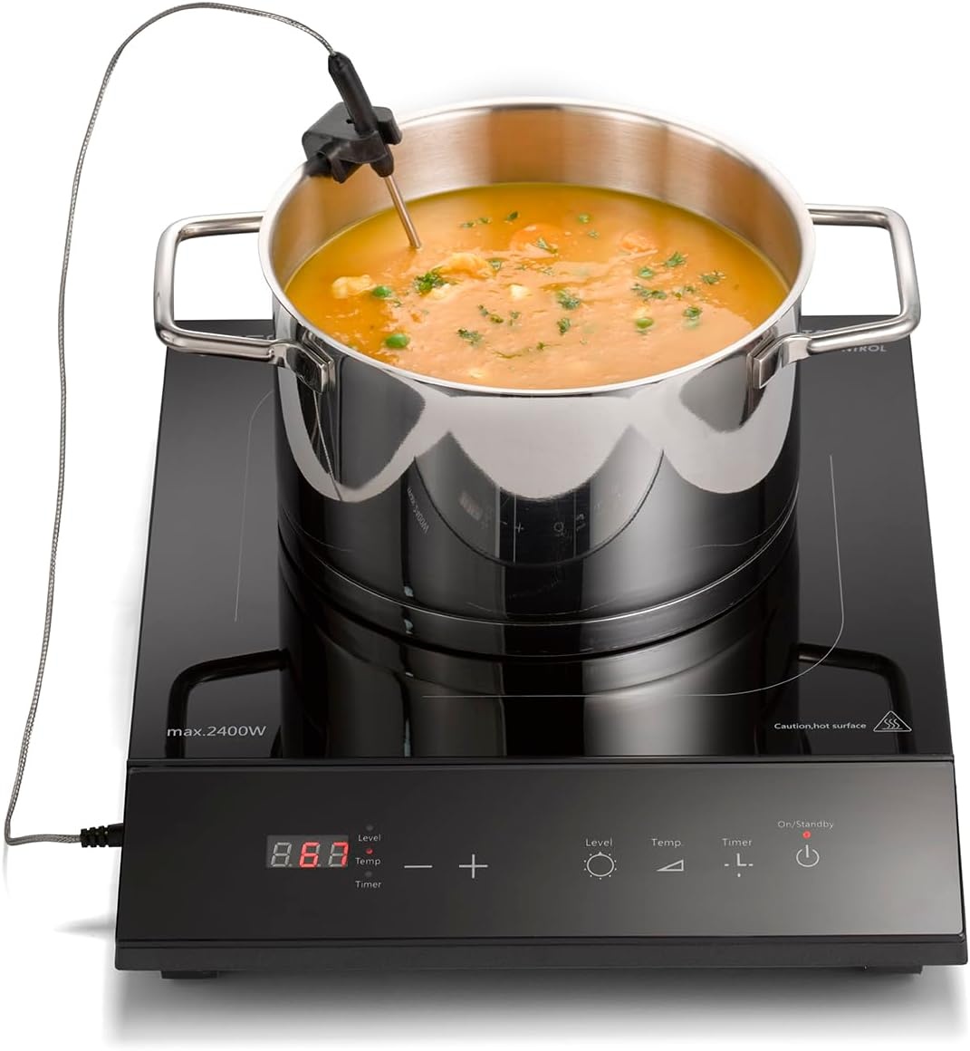 CASO TC2400 Thermo Control enkele inductiekookplaat met thermometer voor nauwkeurig braden en koken, perfect voor SousVide, temperatuurbereik 60-240 °C, timer, 2400 watt