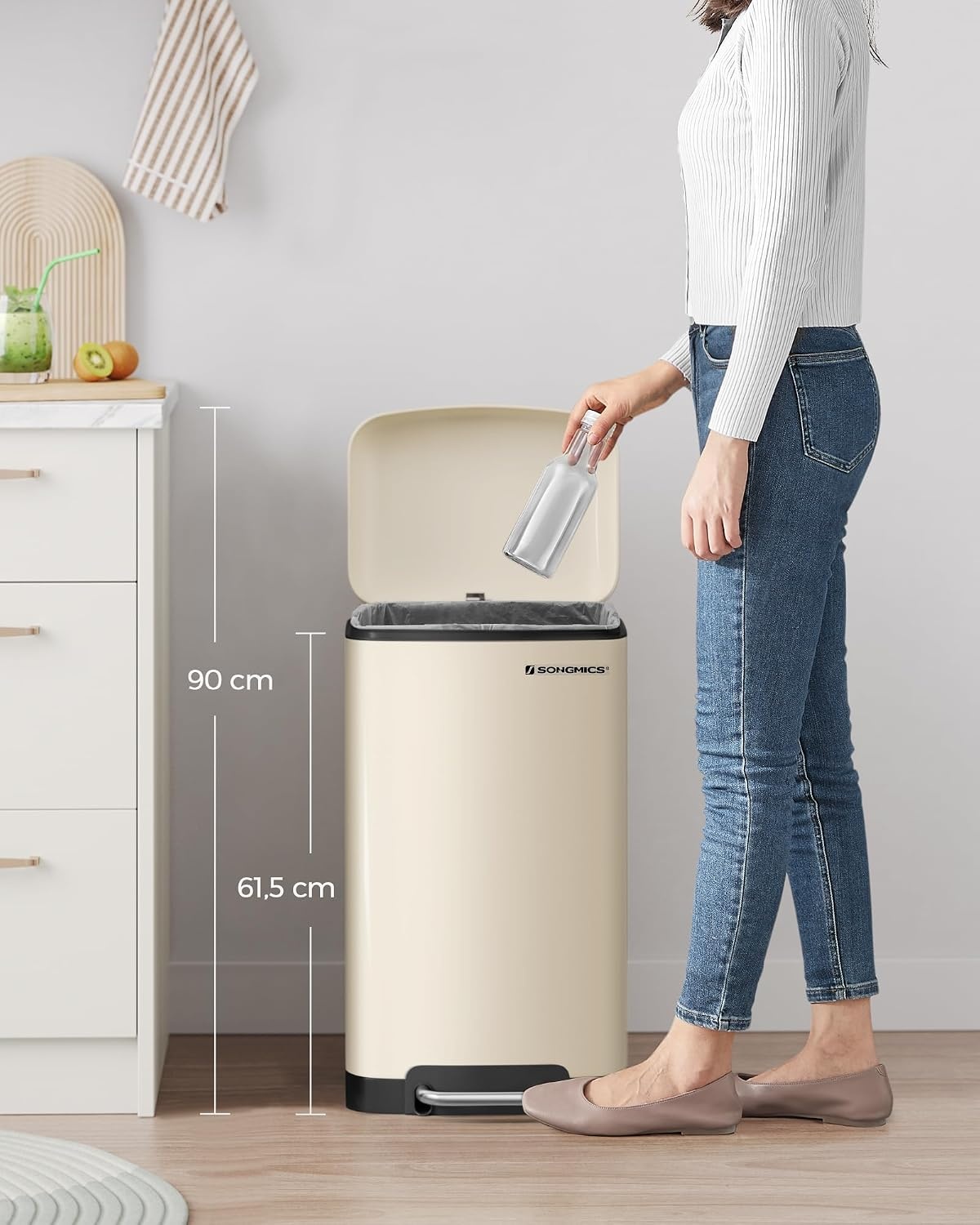 SONGMICS Keukenemmer, 8 Gallon (30L) stalen pedaalemmer, zacht sluitend