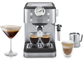 De'Longhi Linea Classic EM450.M My LatteArt Handmatig koffiezetapparaat met stoomsproeier, zonder E.S.E-filter, manometer, dubbelwandig filter, 15 bar, kopjes tot 13 cm, staal