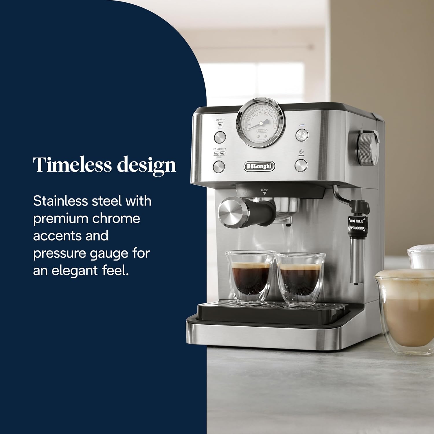 De'Longhi Linea Classic EM450.M My LatteArt Handmatig koffiezetapparaat met stoomsproeier, zonder E.S.E-filter, manometer, dubbelwandig filter, 15 bar, kopjes tot 13 cm, staal