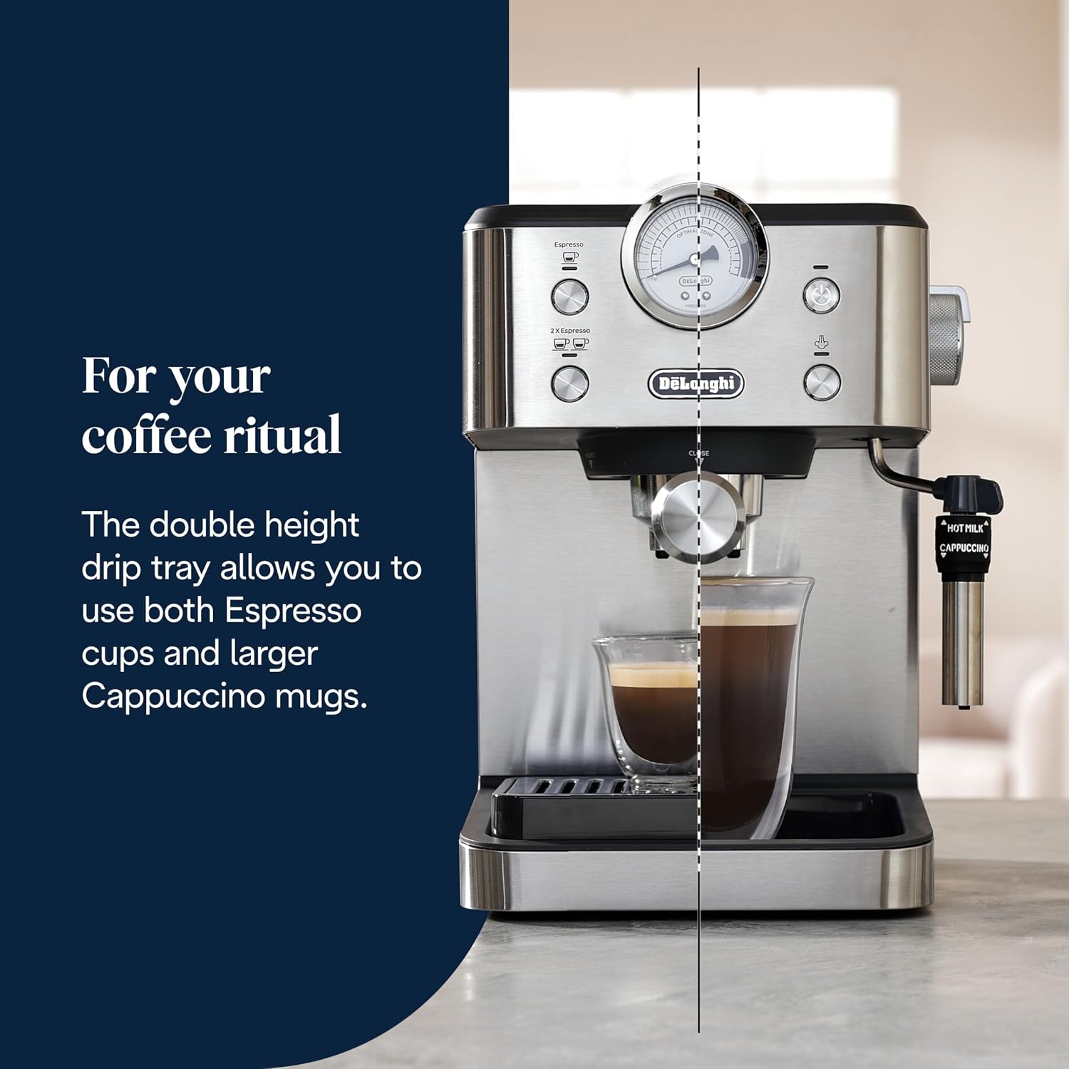De'Longhi Linea Classic EM450.M My LatteArt Handmatig koffiezetapparaat met stoomsproeier, zonder E.S.E-filter, manometer, dubbelwandig filter, 15 bar, kopjes tot 13 cm, staal