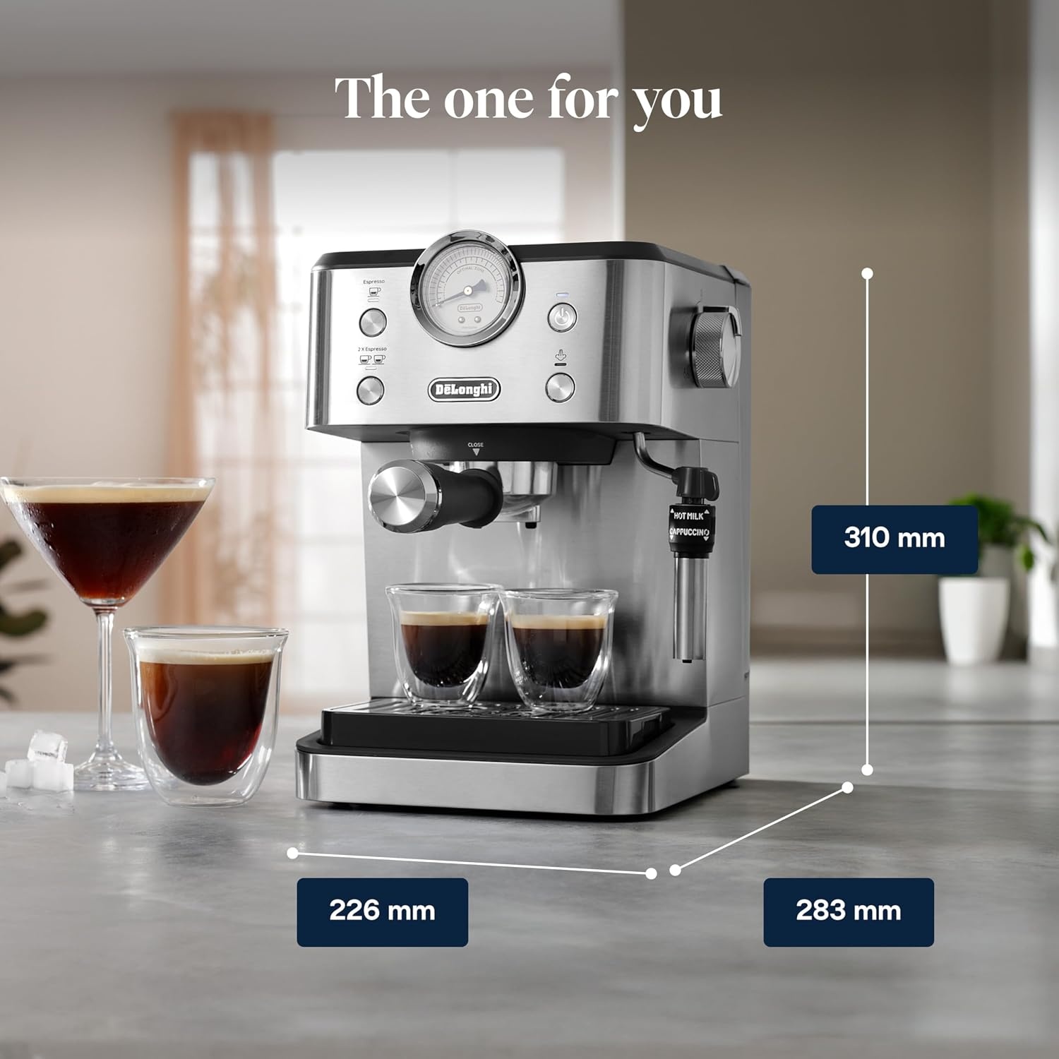 De'Longhi Linea Classic EM450.M My LatteArt Handmatig koffiezetapparaat met stoomsproeier, zonder E.S.E-filter, manometer, dubbelwandig filter, 15 bar, kopjes tot 13 cm, staal