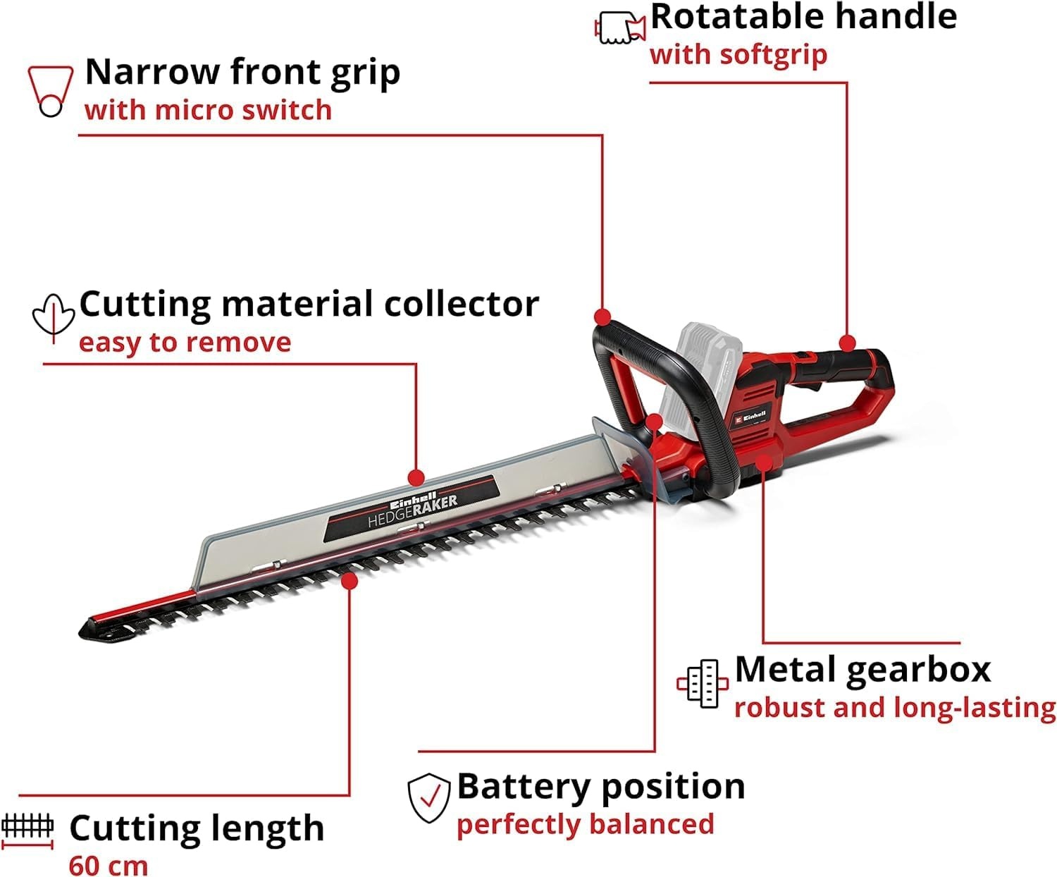 Einhell Accu Heggenschaar GE-CH 18/60 Li - 60 cm - Rood - Exclusief Accu en Lader