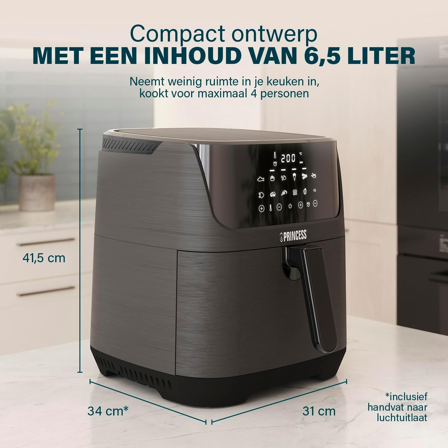 Princess Digitale Heteluchtfriteuse 6,5 L met Uitneembare Verdeler, 12 Programma’s, Touchscreen, Tot 60% Energiebesparing, Olievrij Frituren, voor 1,5 kg Friet, Zwart, 182061 - Maat 6.5 liters
