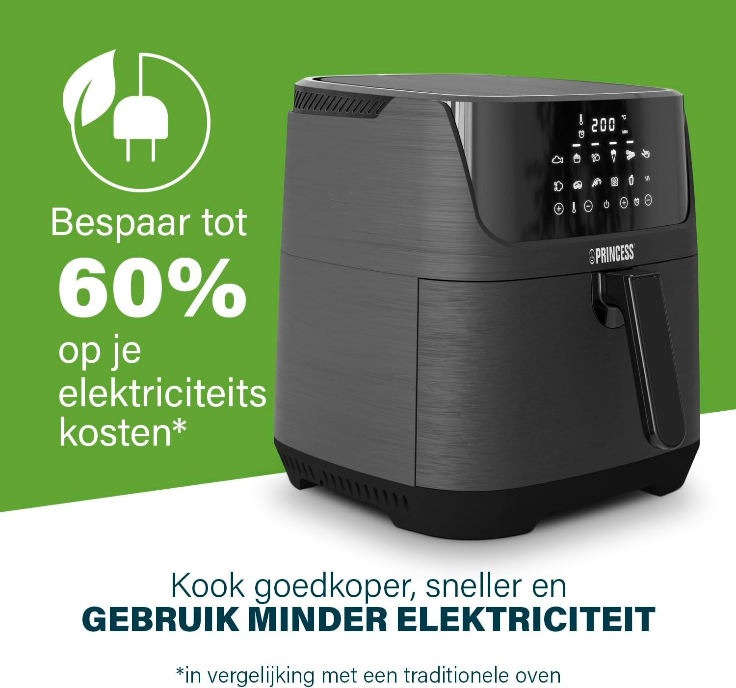 Princess Digitale Heteluchtfriteuse 6,5 L met Uitneembare Verdeler, 12 Programma’s, Touchscreen, Tot 60% Energiebesparing, Olievrij Frituren, voor 1,5 kg Friet, Zwart, 182061 - Maat 6.5 liters