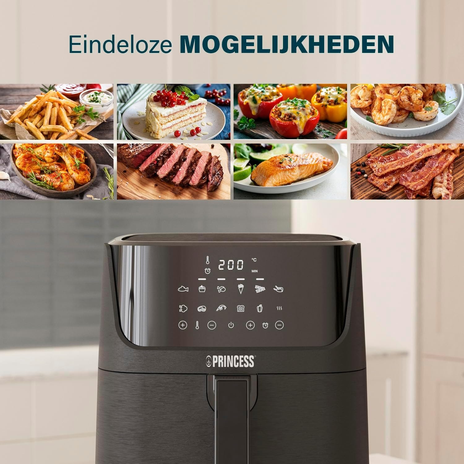 Princess Digitale Heteluchtfriteuse 6,5 L met Uitneembare Verdeler, 12 Programma’s, Touchscreen, Tot 60% Energiebesparing, Olievrij Frituren, voor 1,5 kg Friet, Zwart, 182061 - Maat 6.5 liters
