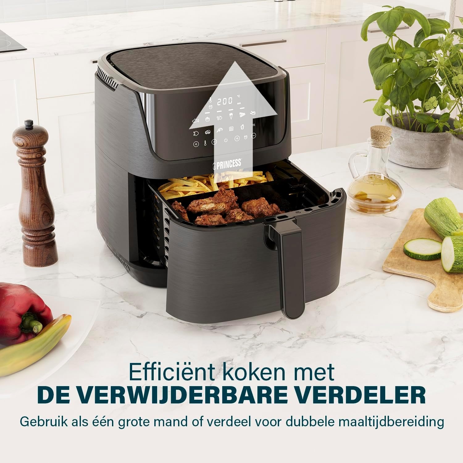 Princess Digitale Heteluchtfriteuse 6,5 L met Uitneembare Verdeler, 12 Programma’s, Touchscreen, Tot 60% Energiebesparing, Olievrij Frituren, voor 1,5 kg Friet, Zwart, 182061 - Maat 6.5 liters
