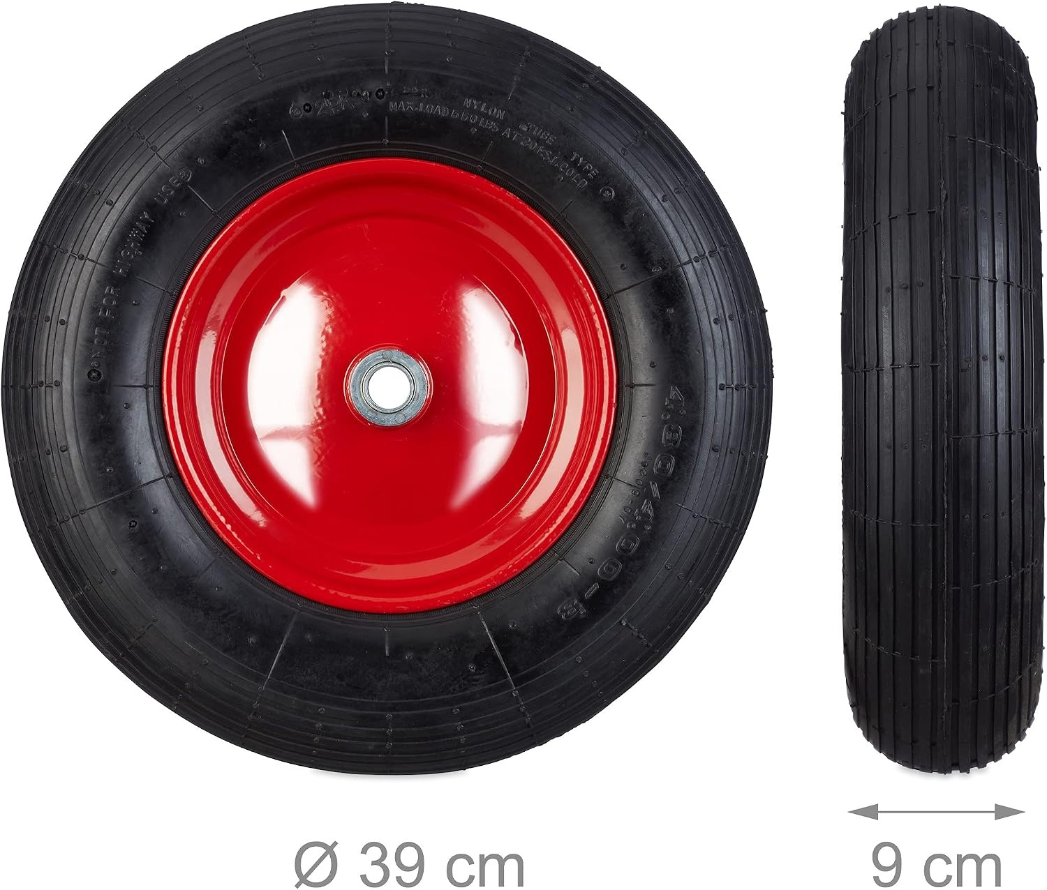 Relaxdays Kruiwagenwiel 4.80 4.00-8 - 39 cm - Luchtband met Stalen Velg - Zwart/Rood
