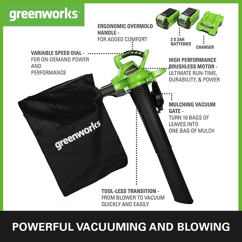 Greenworks 40V Accu Bladblazer en Bladzuiger met 2x 2Ah Accu en Lader - Groen
