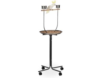 Relaxdays XL papegaaien standaard, zitstok, 2 etensbakjes, verrijdbaar, valkparkiet, HBD: 130x60x60 cm, zilver