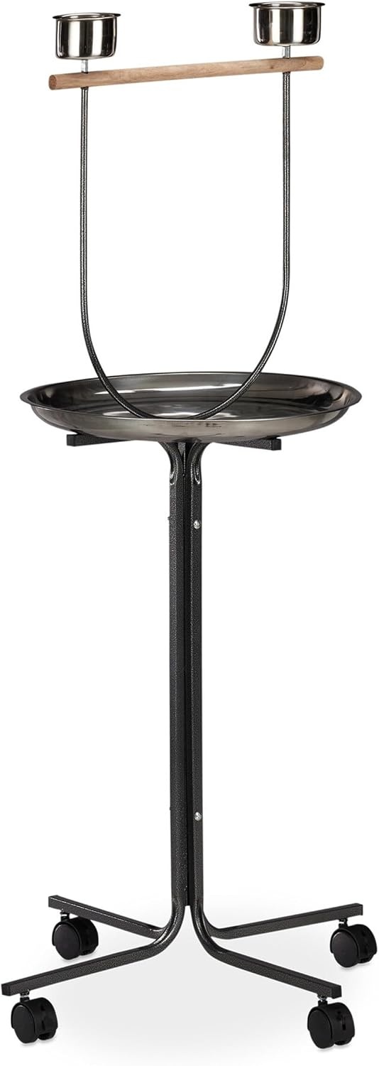 Relaxdays XL papegaaien standaard, zitstok, 2 etensbakjes, verrijdbaar, valkparkiet, HBD: 130x60x60 cm, zilver