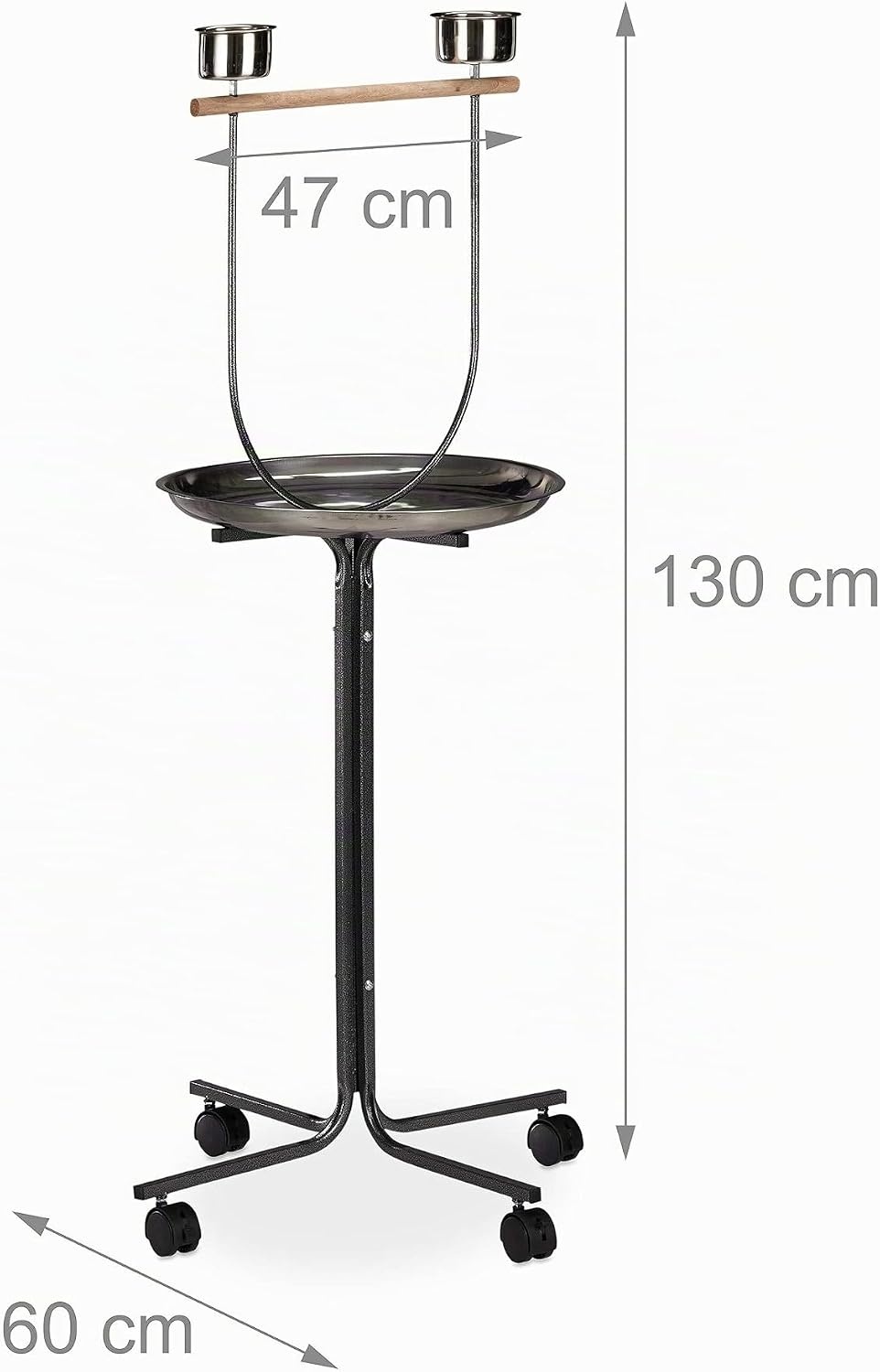 Relaxdays XL papegaaien standaard, zitstok, 2 etensbakjes, verrijdbaar, valkparkiet, HBD: 130x60x60 cm, zilver