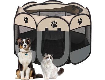 Draagbare puppyren, puppybox, hondenbox, opvouwbaar kattenverblijf, waterdichte Oxford stoffen box, hond, kattenkooi, hondenkooi voor katten, honden, konijnen (Grijs, L, 8)