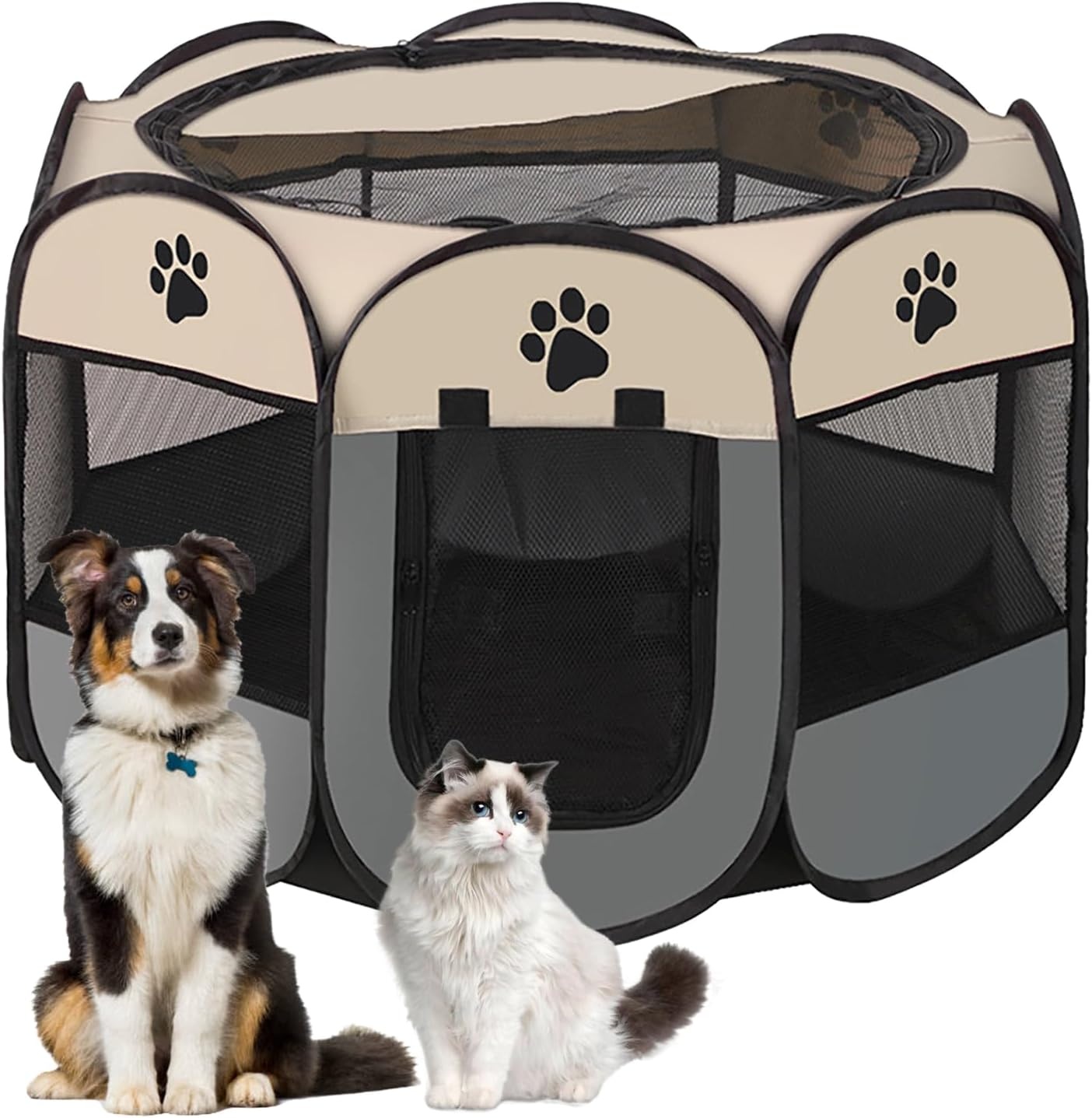 Draagbare puppyren, puppybox, hondenbox, opvouwbaar kattenverblijf, waterdichte Oxford stoffen box, hond, kattenkooi, hondenkooi voor katten, honden, konijnen (Grijs, L, 8)