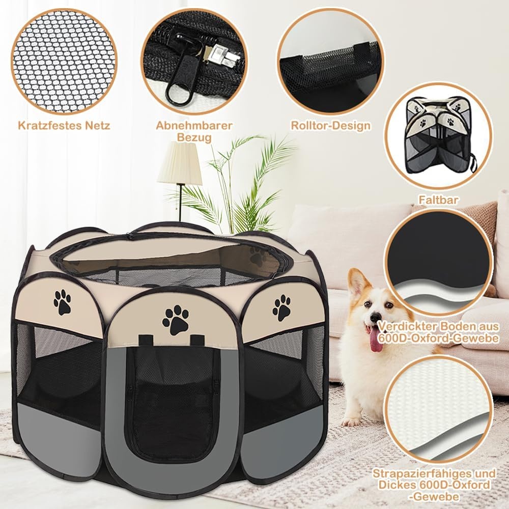 Draagbare puppyren, puppybox, hondenbox, opvouwbaar kattenverblijf, waterdichte Oxford stoffen box, hond, kattenkooi, hondenkooi voor katten, honden, konijnen (Grijs, L, 8)