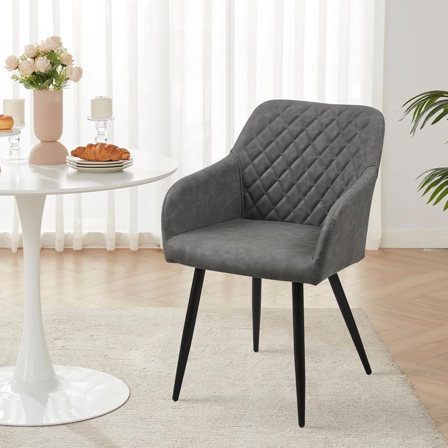 TUKAILAI Eetkamerstoelen, 1 stuks, kunstleer, beklede stoel, woonkamerstoel, stoel met armleuningen, rugleuning, metalen poten, moderne stoelen voor keuken, eetkamer, woonkamer, slaapkamer, lichtgrijs