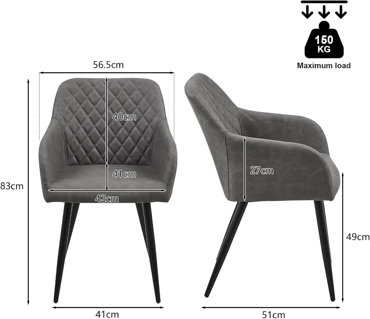 TUKAILAI Eetkamerstoelen, 1 stuks, kunstleer, beklede stoel, woonkamerstoel, stoel met armleuningen, rugleuning, metalen poten, moderne stoelen voor keuken, eetkamer, woonkamer, slaapkamer, lichtgrijs